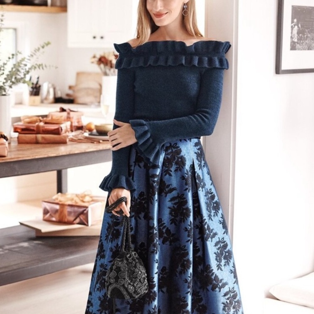 NWT White House Black Market Off the Shoulder Ruffle Navy blue Black sweater